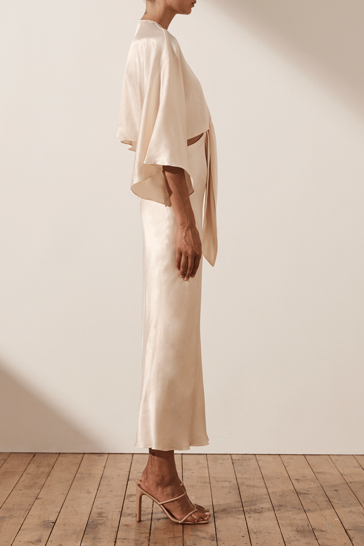 LA LUNE TIE FRONT BIAS MIDI DRESS - CREAM