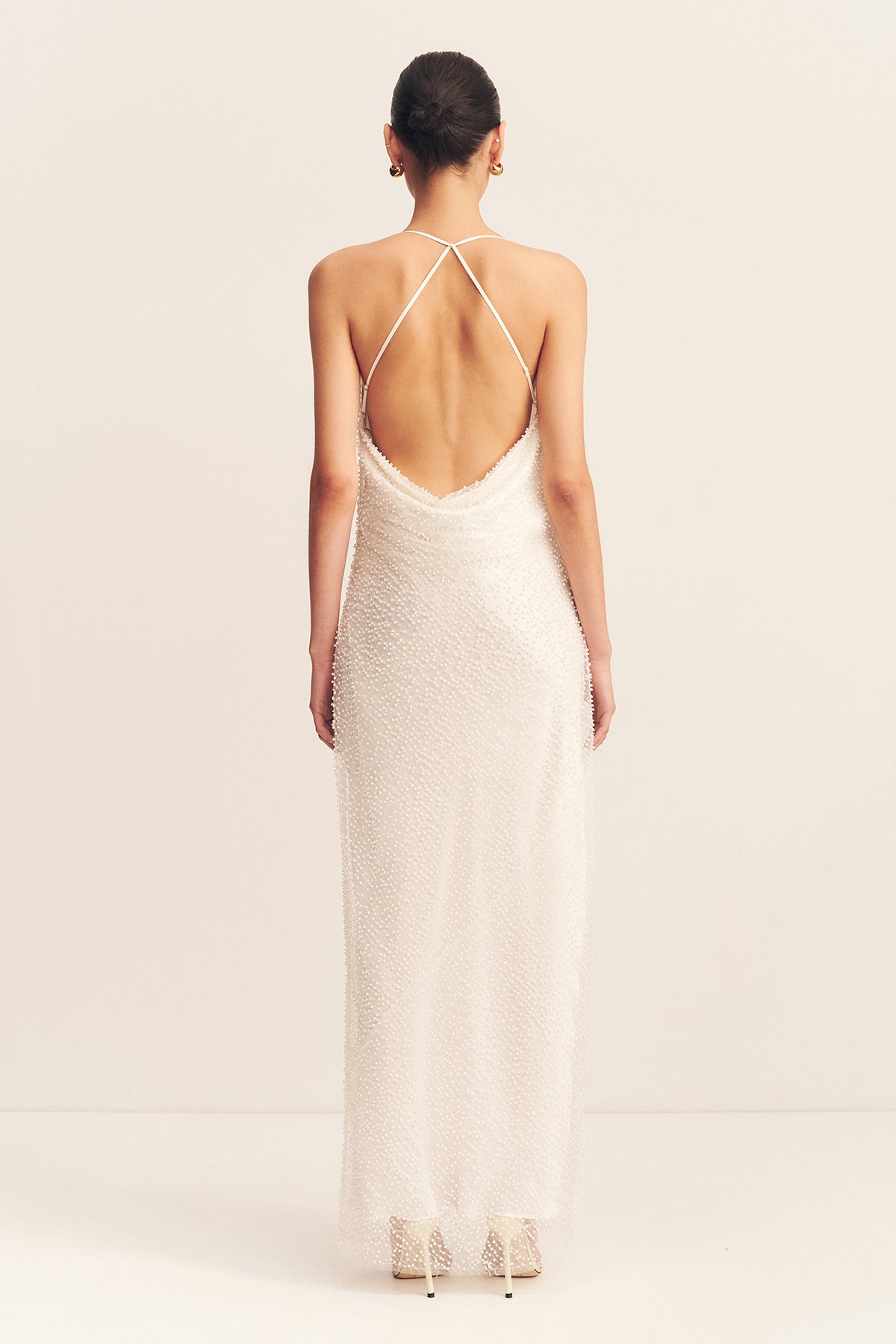 IRIDESCENT DOUBLE COWL OPEN BACK MAXI DRESS