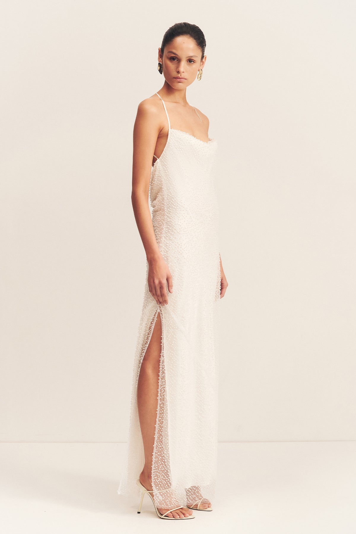 IRIDESCENT DOUBLE COWL OPEN BACK MAXI DRESS