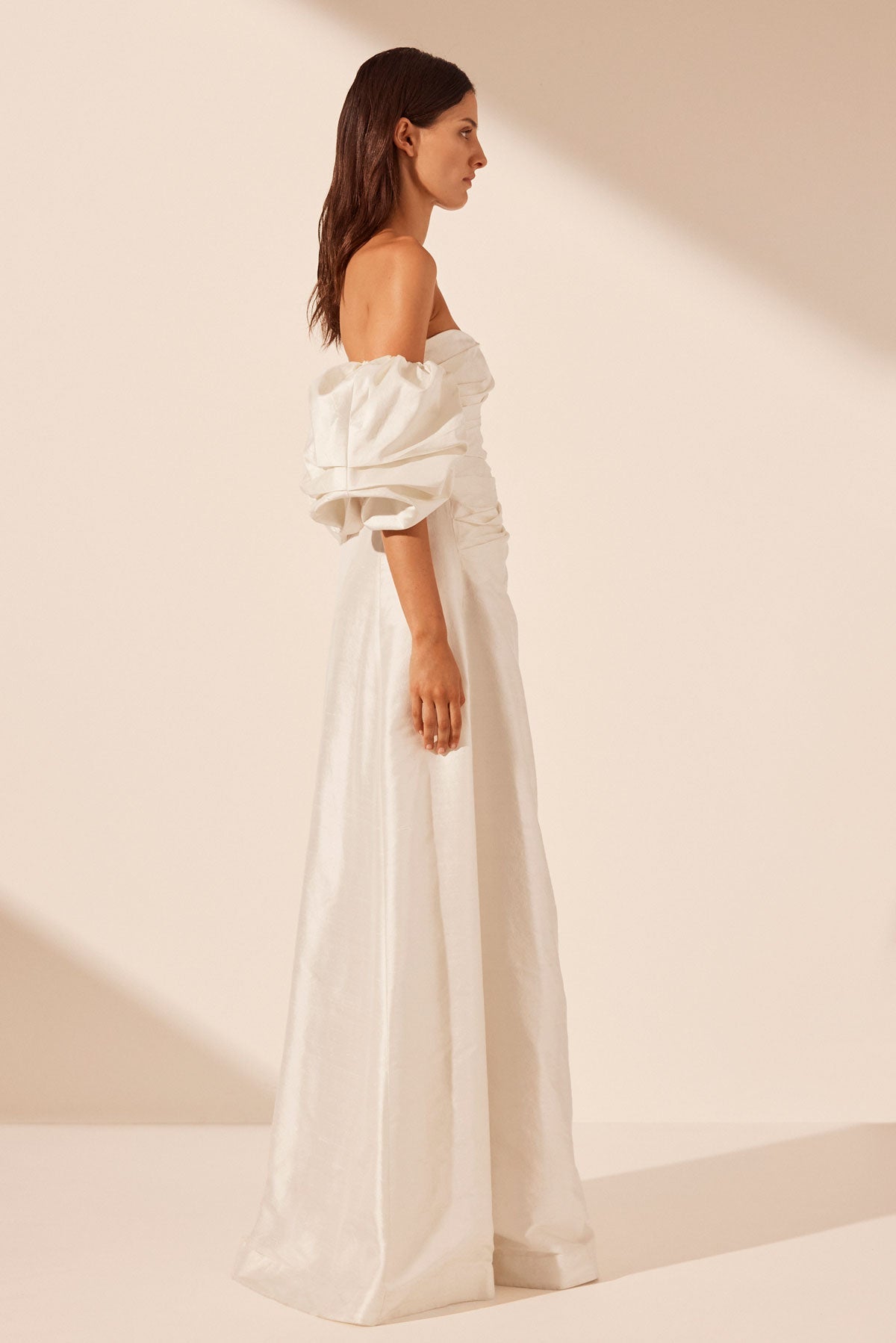 LA LUNE LUCERO SILK DRAPED CORSET SPLIT GOWN - IVORY