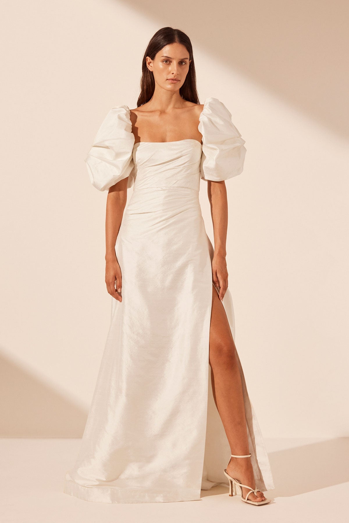LA LUNE LUCERO SILK DRAPED CORSET SPLIT GOWN - IVORY