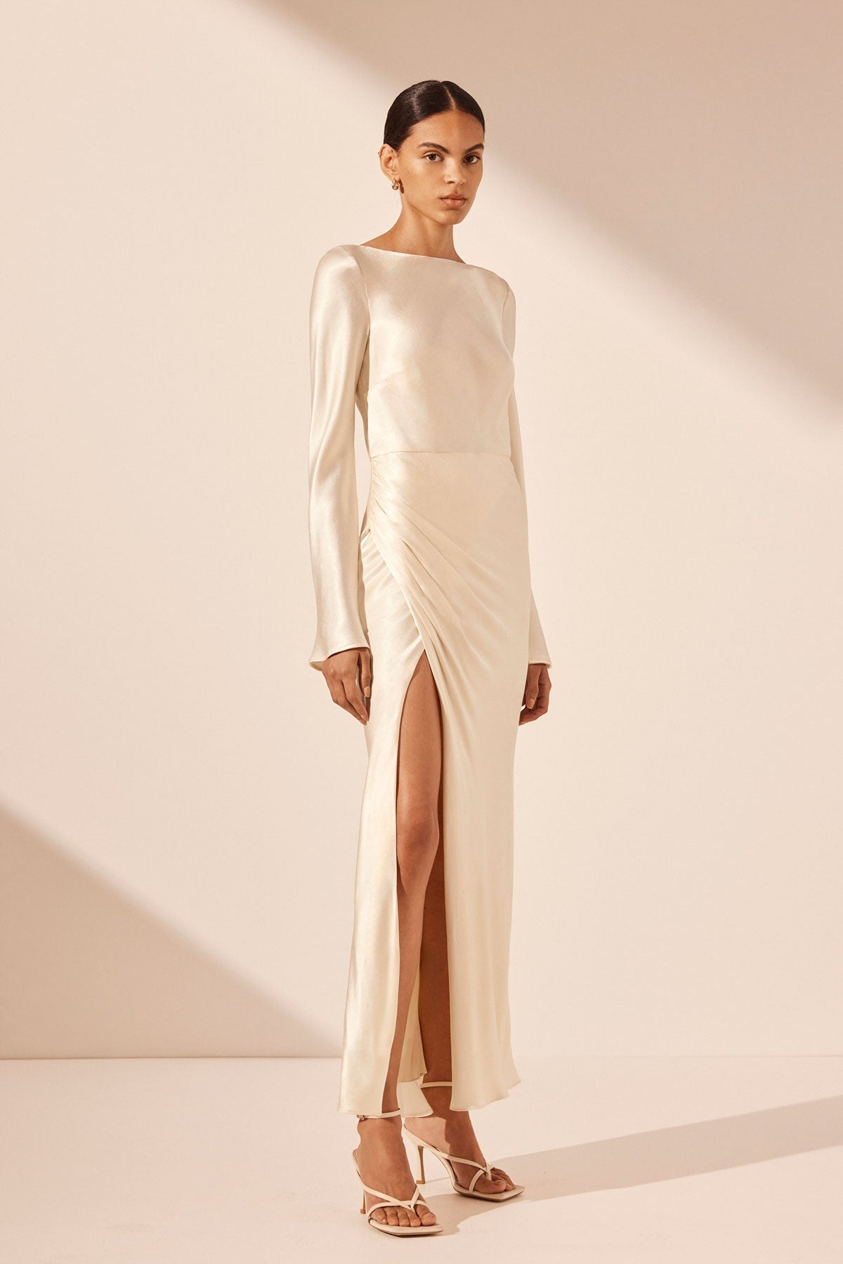 LA LUNE FLARED SLEEVE SIDE SPLIT MIDI DRESS - CREAM