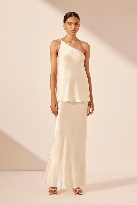 LA LUNE ONE SHOULDER COWL BACK TOP - CREAM