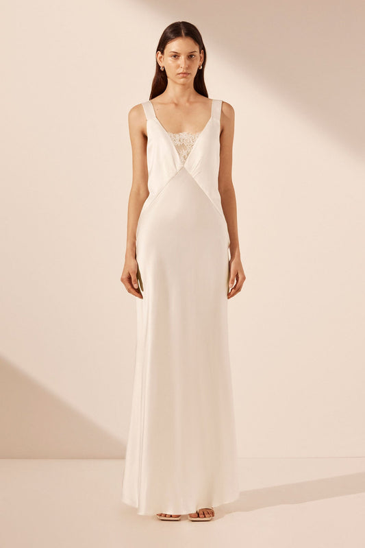 LA LUNE CUMULUS SILK PLUNGED LACE NECK GOWN - IVORY