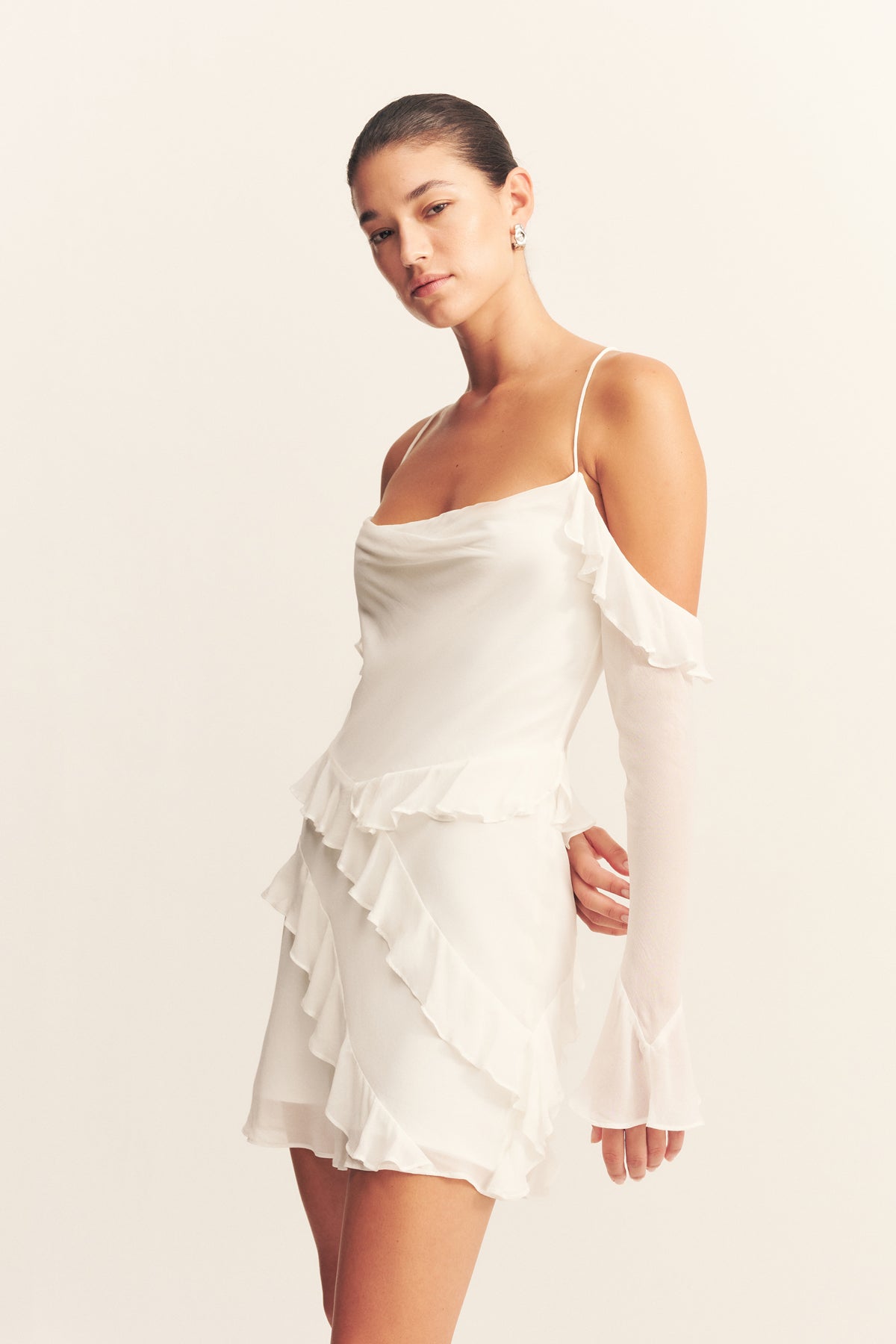LIRA LONG SLEEVE RUFFLE MINI DRESS - IVORY