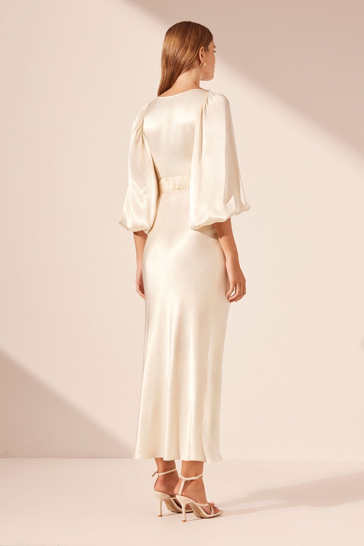 LA LUNE BALLOON SLEEVE MIDI DRESS WITH BELT - CREAM