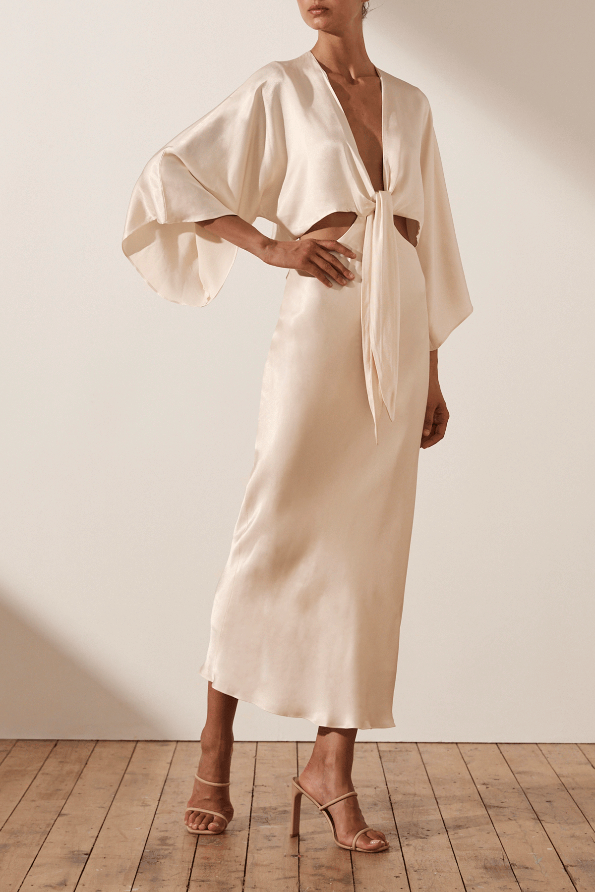 LA LUNE TIE FRONT BIAS MIDI DRESS - CREAM