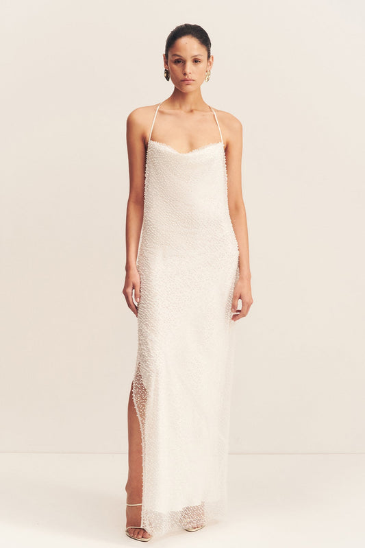 IRIDESCENT DOUBLE COWL OPEN BACK MAXI DRESS