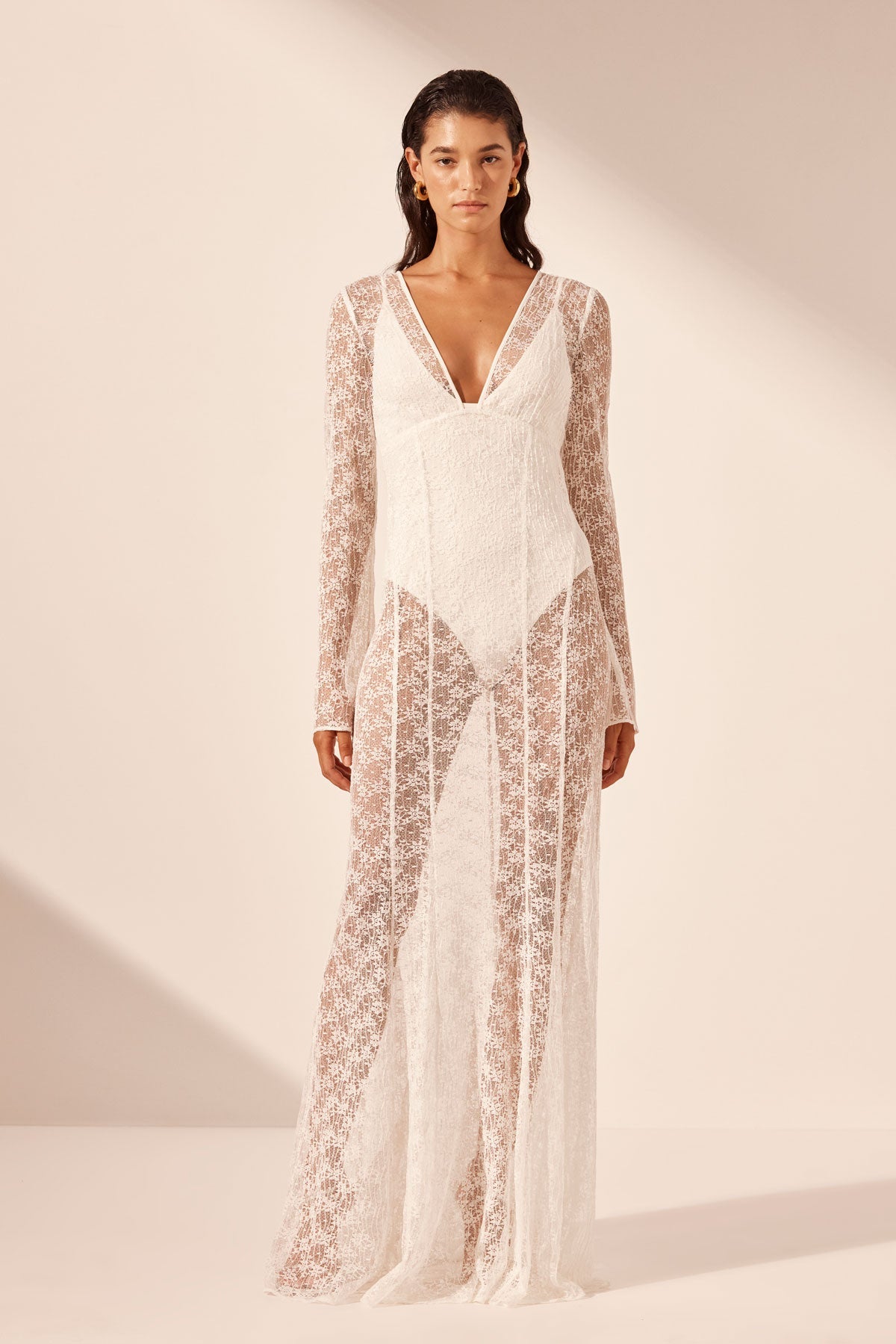 LA LUNE SOL LACE PLUNGED PANELLED MAXI DRESS - IVORY