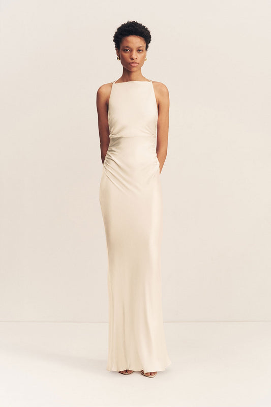 LA LUNE HIGH NECK RUCHED MAXI DRESS - CREAM