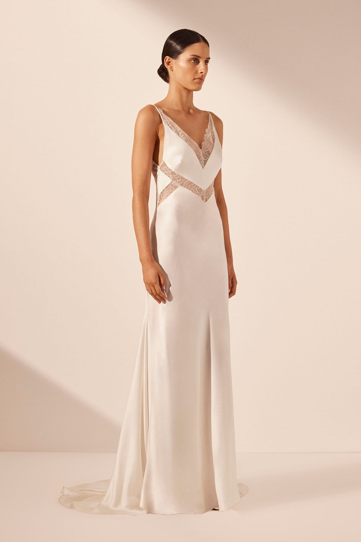 LA LUNE CUMULUS SILK PLUNGED LACE GOWN - IVORY
