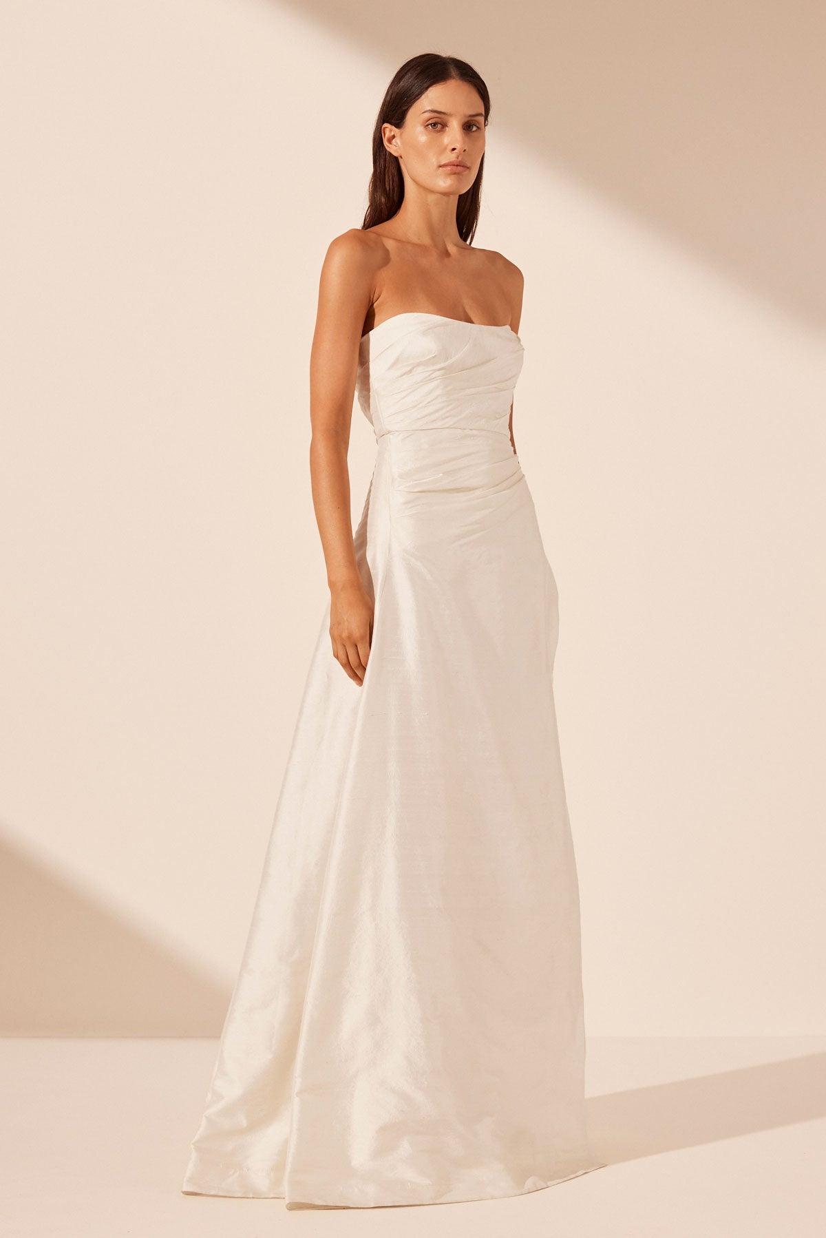 LA LUNE LUCERO SILK DRAPED CORSET SPLIT GOWN - IVORY