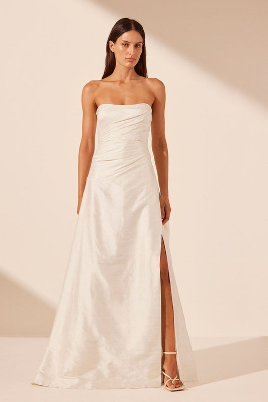 LA LUNE LUCERO SILK DRAPED CORSET SPLIT GOWN - IVORY