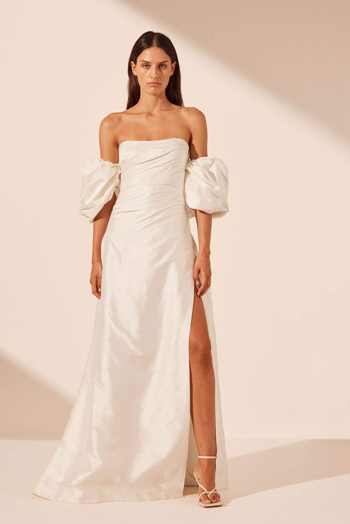 LA LUNE LUCERO SILK DRAPED CORSET SPLIT GOWN - IVORY