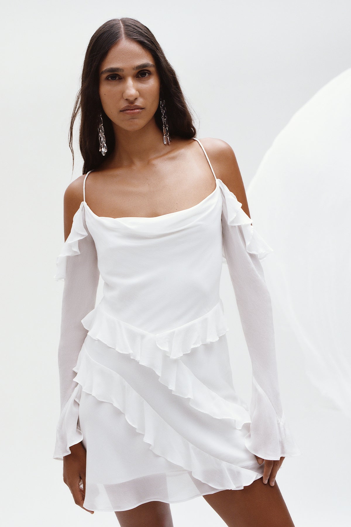 LIRA LONG SLEEVE RUFFLE MINI DRESS - IVORY