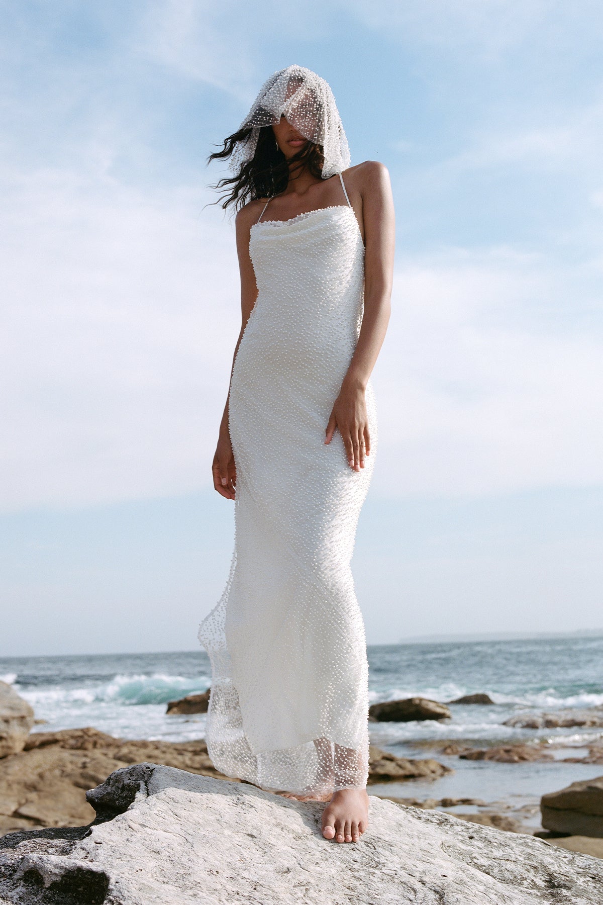 IRIDESCENT DOUBLE COWL OPEN BACK MAXI DRESS