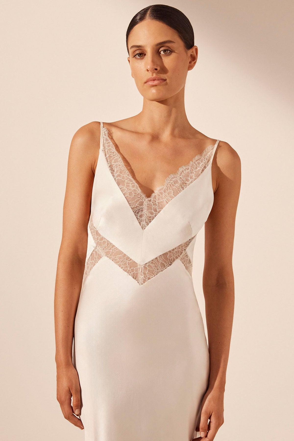LA LUNE CUMULUS SILK PLUNGED LACE GOWN - IVORY